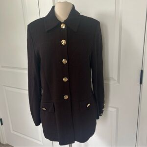 ST JOHN size 10 Brown Santana Jacket Longer length Gold Logo Buttons